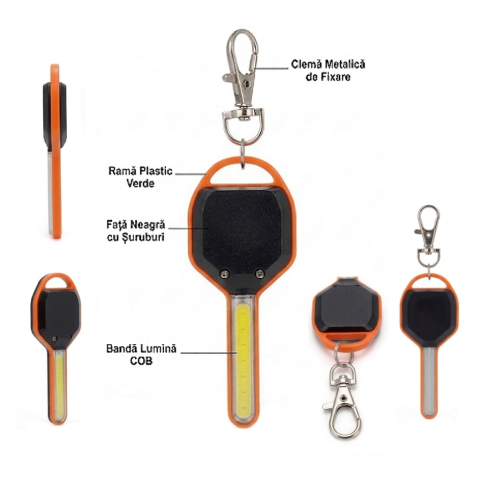 Set 2 lanterne breloc LED portocaliu, carabiniera cu 4 moduri iluminare + breloc LED compact cu 3 moduri, lumina rece, pentru chei si utilizare zilnica [2]