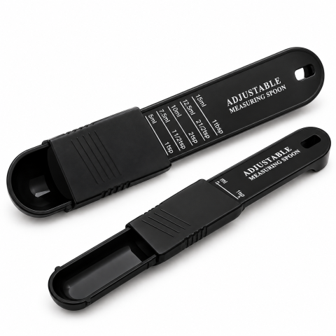 CASA & GRADINA - Set 2 linguri dozatoare negre 16 x 3,5 x 1,6 cm, din plastic, cu masurare ajustabila