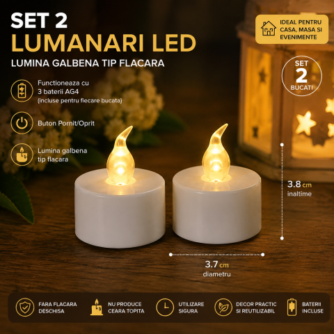 Set 2 lumanari decorative LED albe 3.7 x 3.8 cm, lumina galbena, flacara transparenta, baterii AG4 incluse, decor fara foc pentru interior si petreceri [1]