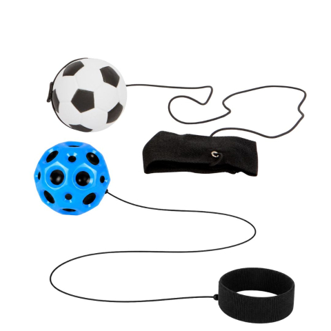 JOCURI ȘI JUCĂRII - Set 2 mingi cu bratara pentru mana – model fotbal alb-negru si Space Moon Ball albastra, 66 mm, antistres pentru coordonare si reflexe