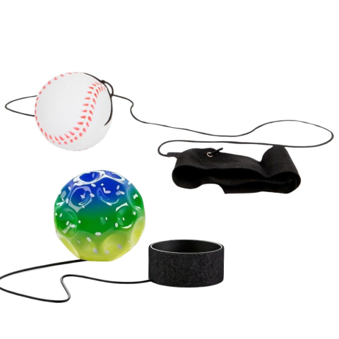 JOCURI ȘI JUCĂRII - Set 2 mingi cu revenire automata si sarituri spectaculoase – Space Moon Ball verde multicolor si model baseball alb-rosu, 66 mm, antistres pentru copii si adulti