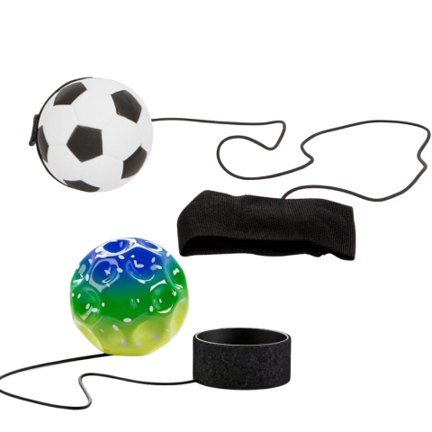 JOCURI ȘI JUCĂRII - Set 2 mingi elastice cu revenire automata – model fotbal alb-negru si Space Moon Ball verde multicolor, 66 mm, pentru joaca activa si concentrare