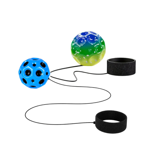 JOCURI ȘI JUCĂRII - Set 2 mingi hiperelastice Space Moon Ball – albastra si verde multicolor, 66 mm, pentru reflexe, atentie si distractie interactiva