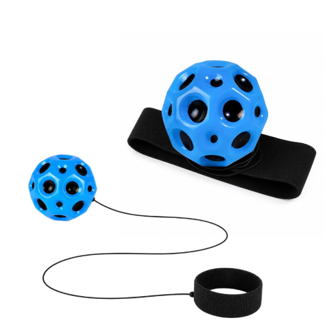 JOCURI ȘI JUCĂRII - Set 2 mingi hiperelastice Space Moon Ball cu bratara pentru incheietura, albastre, 66 mm, jucarii antistres pentru copii si adulti, sarituri spectaculoase