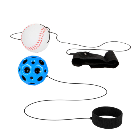 JOCURI ȘI JUCĂRII - Set 2 mingi saltarete cu bratara pentru incheietura – Space Moon Ball albastra si model baseball alb-rosu, 66 mm, pentru coordonare si joaca activa