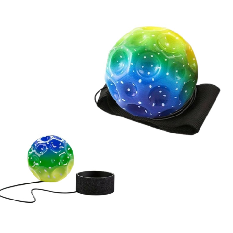 JOCURI ȘI JUCĂRII - Set 2 mingi saltarete hiperelastice Space Moon Ball cu bratara pentru incheietura, verde multicolor, antistres, 66 mm, pentru coordonare si reflexe