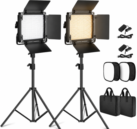 ELECTRONICE - Set 2 panouri LED profesionale pentru studio foto si video, Bi-Color 3200K-5600K, 660 LED, CRI96+, luminozitate reglabila, softbox, trepiede 190 cm, genti transport