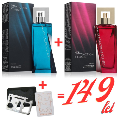 Oferte speciale - Set 2 parfumuri Attraction Closer For Him & For Her + multitool card din oțel inoxidabil – ofertă specială 149 lei