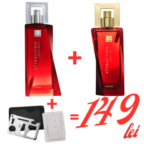 PARFUMURI & SETURI - Set 2 parfumuri Avon Attraction Instinct For Her & For Him + card multifuncțional din oțel – pasiune, forță și atracție pură – ofertă specială 149 lei