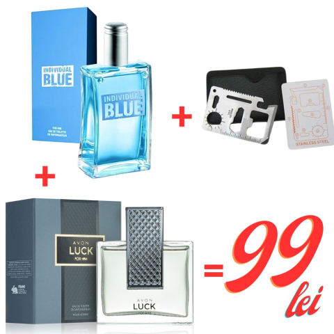 Set 2 parfumuri masculine Individual Blue & Avon Luck For Him + unealtă multifuncțională tip card din oțel inoxidabil – ofertă specială 99 lei