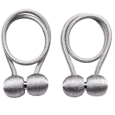 CASA & GRADINA - Set 2 prinderi magnetice pentru perdele si draperii, snur textil impletit, 44 cm, gri argintiu, accesoriu decorativ modern