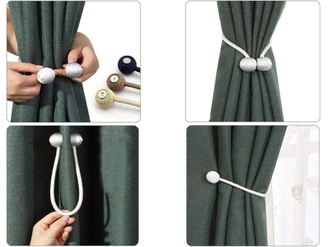 Set 2 prinderi magnetice pentru perdele si draperii, snur textil impletit, 44 cm, gri argintiu, accesoriu decorativ modern [5]
