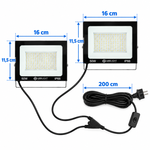Set 2 proiectoare LED 100W, 2 x 50W, 16 x 11.5 cm, lumina rece 6000K, IP66, cablu 2 m cu intrerupator [1]