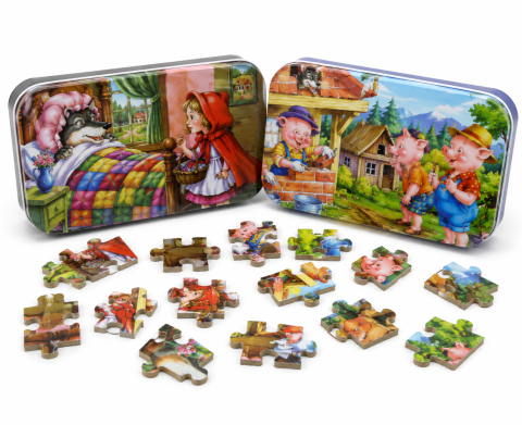 Set 2 Puzzle Educative din Lemn, 60 Piese fiecare, in Cutii Metalice, Modele Scufita Rosie si Cei Trei Purcelusi, Dezvoltare Abilitati Cognitive, 22.5 x 13.5 cm, Multicolor [1]