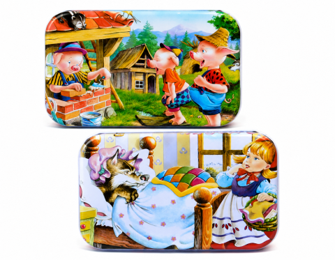 JOCURI ȘI JUCĂRII - Set 2 Puzzle Educative din Lemn, 60 Piese fiecare, in Cutii Metalice, Modele Scufita Rosie si Cei Trei Purcelusi, Dezvoltare Abilitati Cognitive, 22.5 x 13.5 cm, Multicolor
