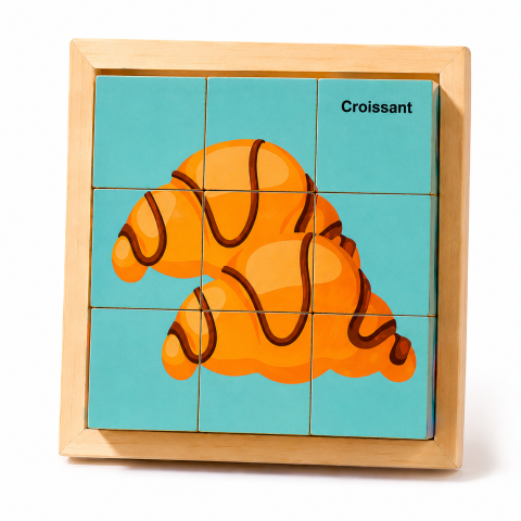 Set 2 Puzzle-uri din Lemn cu 9 Cuburi, 12 Imagini Diferite, Modele Fructe si Dulciuri, Joc Educativ Montessori pentru Copii 4-6 Ani, 11 x 11 x 3.2 cm, Multicolor [2]