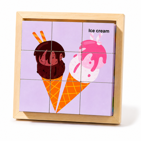 Set 2 Puzzle-uri din Lemn cu 9 Cuburi, 12 Imagini Diferite, Modele Fructe si Dulciuri, Joc Educativ Montessori pentru Copii 4-6 Ani, 11 x 11 x 3.2 cm, Multicolor [4]