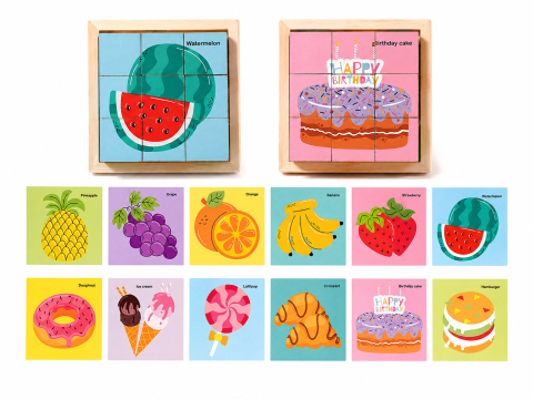 JOCURI ȘI JUCĂRII - Set 2 Puzzle-uri din Lemn cu 9 Cuburi, 12 Imagini Diferite, Modele Fructe si Dulciuri, Joc Educativ Montessori pentru Copii 4-6 Ani, 11 x 11 x 3.2 cm, Multicolor
