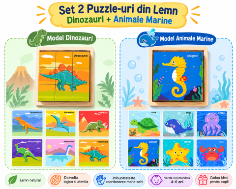 JOCURI ȘI JUCĂRII - Set 2 puzzle-uri educative din lemn cu 9 cuburi, modele Dinozauri si Animale Marine, 6 imagini fiecare, joc Montessori pentru copii 4–6 ani, 11 x 11 x 3.2 cm