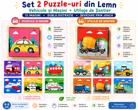 Jucării puzzle - Set 2 puzzle-uri educative din lemn cu 9 cuburi, modele Vehicule si Masini + Utilaje de Santier, 6 imagini fiecare, joc Montessori pentru copii 4–6 ani, 11 x 11 x 3.2 cm