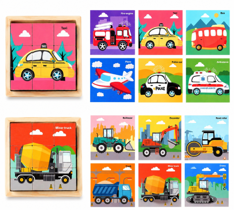 Set 2 puzzle-uri educative din lemn cu 9 cuburi, modele Vehicule si Masini + Utilaje de Santier, 6 imagini fiecare, joc Montessori pentru copii 4–6 ani, 11 x 11 x 3.2 cm [1]