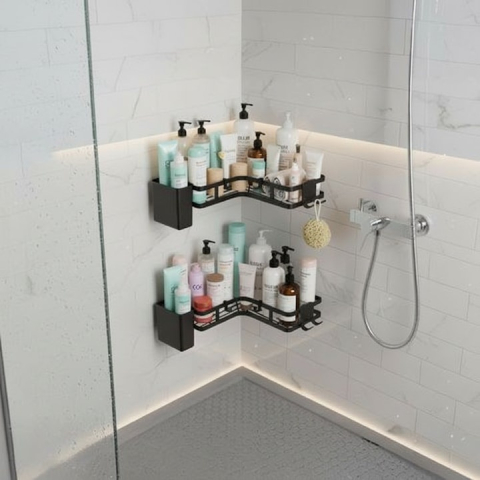 Set 2 rafturi de colt, autoadezive, pentru baie, suport si carlige pentru accesorii incluse, otel inoxidabil, 23.8 x 23.8 x 4 cm/24.8 x 24.8 x 5 cm, negru [7]