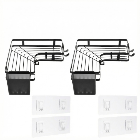 Set 2 rafturi de colt, autoadezive, pentru baie, suport si carlige pentru accesorii incluse, otel inoxidabil, 23.8 x 23.8 x 4 cm/24.8 x 24.8 x 5 cm, negru [4]