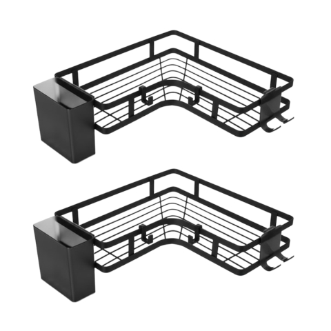 CASA & GRADINA - Set 2 rafturi de colt, autoadezive, pentru baie, suport si carlige pentru accesorii incluse, otel inoxidabil, 23.8 x 23.8 x 4 cm/24.8 x 24.8 x 5 cm, negru
