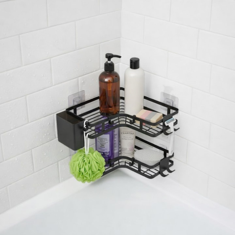 Set 2 rafturi de colt, autoadezive, pentru baie, suport si carlige pentru accesorii incluse, otel inoxidabil, 23.8 x 23.8 x 4 cm/24.8 x 24.8 x 5 cm, negru [9]