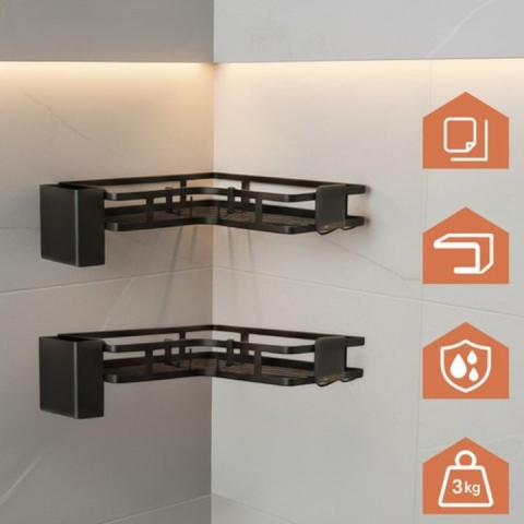 Set 2 rafturi de colt, autoadezive, pentru baie, suport si carlige pentru accesorii incluse, otel inoxidabil, 23.8 x 23.8 x 4 cm/24.8 x 24.8 x 5 cm, negru [1]