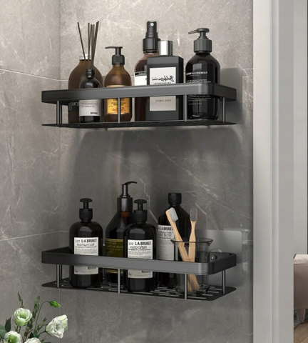 Set 2 rafturi suspendate autoadezive pentru baie si bucatarie, montare pe perete, otel inoxidabil negru mat, stil loft, 30.5 x 13 x 5.5 cm [4]