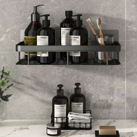 Set 2 rafturi suspendate autoadezive pentru baie si bucatarie, montare pe perete, otel inoxidabil negru mat, stil loft, 30.5 x 13 x 5.5 cm [1]