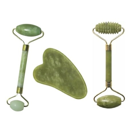 Ustensile îngrijire față - Set 2 role Jade (1 abraziva) cu piatra Gua Sha - Verde