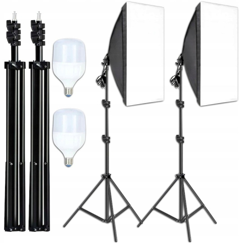 ECHIPAMENTE FOTO - Set 2 softbox-uri profesionale cu lumina continua, 5500K, becuri 30W, trepiede reglabile 95–200 cm, difuzor textil, aluminiu si ABS, negru