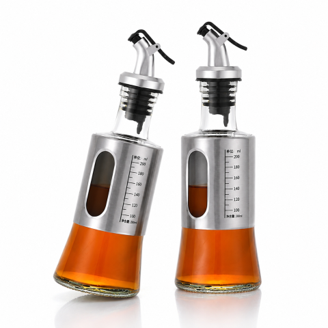 Set 2 Sticle pentru Ulei si Otet cu Dozator Anti-Picurare, 200 ml fiecare, Recipiente din Sticla si Otel Inoxidabil, Scala Gradata, pentru Bucatarie, Gri