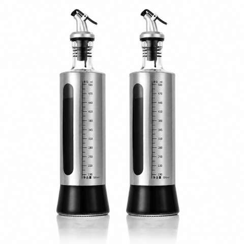 Set 2 Sticle pentru Ulei si Otet cu Dozator Anti-Picurare, 500 ml fiecare, Recipiente din Sticla si Otel Inoxidabil, Indicator Nivel, pentru Bucatarie, Gri