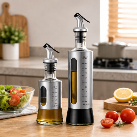 Set 2 sticle pentru ulei si otet gri transparent, 200 ml + 500 ml, dozator anti-picurare, scala gradata, recipiente din sticla pentru bucatarie [2]