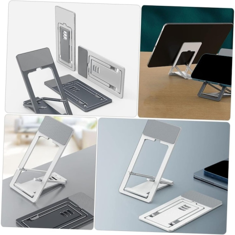 Set 2 suporturi pliabile pentru telefon si tableta, argintii, reglabile pe mai multe unghiuri, suport metalic antiderapant pentru birou [4]