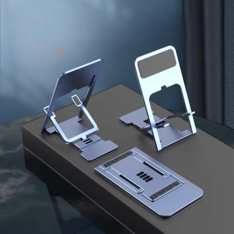 Set 2 suporturi pliabile pentru telefon si tableta, argintii, reglabile pe mai multe unghiuri, suport metalic antiderapant pentru birou [2]