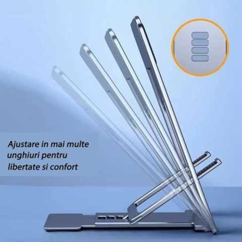 Set 2 suporturi pliabile pentru telefon si tableta, argintii, reglabile pe mai multe unghiuri, suport metalic antiderapant pentru birou [3]