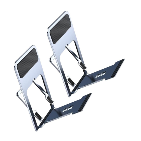 Suport auto telefoane - Set 2 suporturi pliabile pentru telefon si tableta, argintii, reglabile pe mai multe unghiuri, suport metalic antiderapant pentru birou