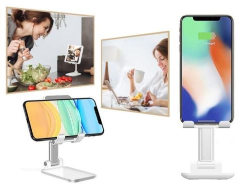 Set 2 suporturi telefon pliabile reglabile, compatibile smartphone si tableta pana la 10 inch (25.4 cm), antiderapante, alb [7]