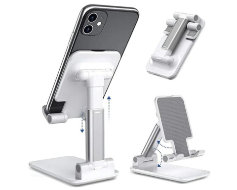 Set 2 suporturi telefon pliabile reglabile, compatibile smartphone si tableta pana la 10 inch (25.4 cm), antiderapante, alb [4]