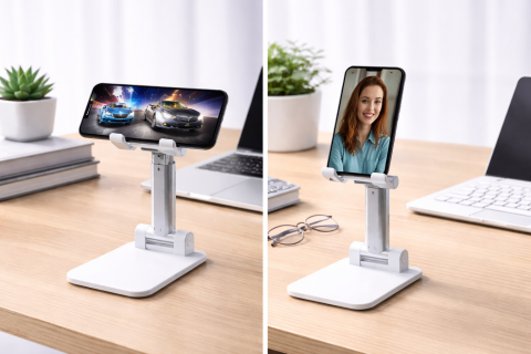 Set 2 suporturi telefon pliabile reglabile, compatibile smartphone si tableta pana la 10 inch (25.4 cm), antiderapante, alb [1]