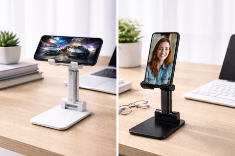 Set 2 suporturi telefon pliabile reglabile, compatibile smartphone si tableta pana la 10 inch (25.4 cm), antiderapante, alb si negru [21]