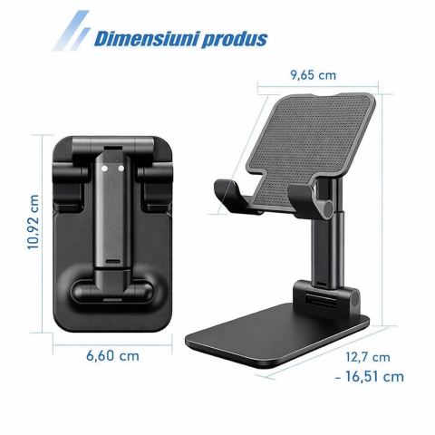 Set 2 suporturi telefon pliabile reglabile, compatibile smartphone si tableta pana la 10 inch (25.4 cm), antiderapante, negru [7]