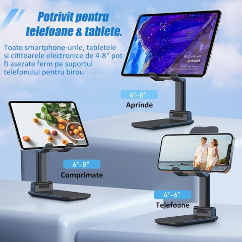 Set 2 suporturi telefon pliabile reglabile, compatibile smartphone si tableta pana la 10 inch (25.4 cm), antiderapante, negru [9]