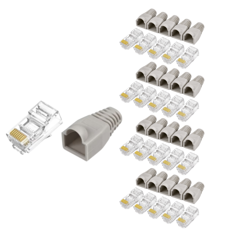 Conectica - Set 20 bucati conectori retea RJ45 Cat6e ecranati EZ pass through cu pini placati cu aur si 20 bucati mansoane protectie RJ45 pentru cablu UTP sau FTP