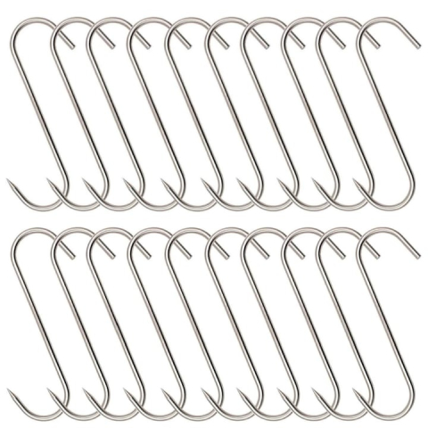 Set 20 carlige inox pentru afumare carne, argintii 14.5 cm, grosime 2.8 mm, forma S reutilizabila cu capat ascutit, pentru macelarie si suspendare [2]