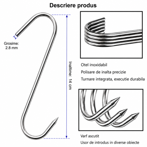 Set 20 carlige pentru carne si macelarie, argintii 14 cm, grosime 2.8 mm, inox rezistent tip S cu capat ascutit, pentru afumatoare, agatare si uscare [1]